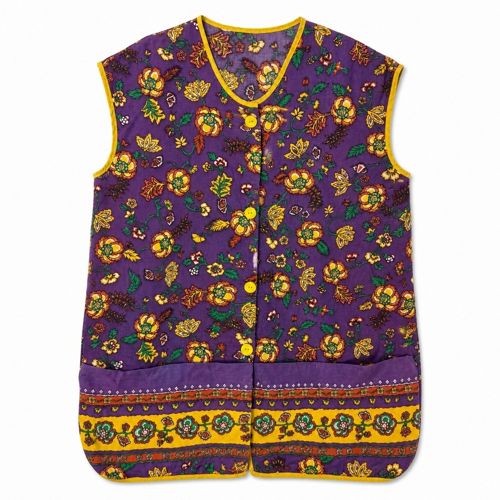 Vtg‎ 1960s Floral Vest Purple Homemade Boho Sleeveless Pockets Apron Housecoat L